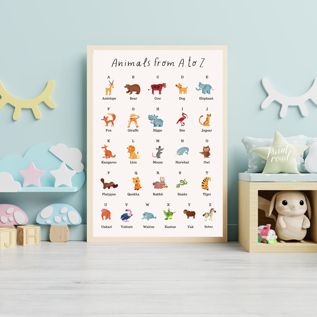 This comprehensive and vibrant educational poster, titled "Animals from A to Z," provides a delight… for nursery