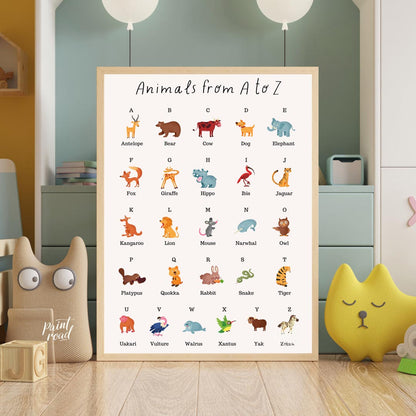 This comprehensive and vibrant educational poster, titled "Animals from A to Z," provides a delight… for nursery