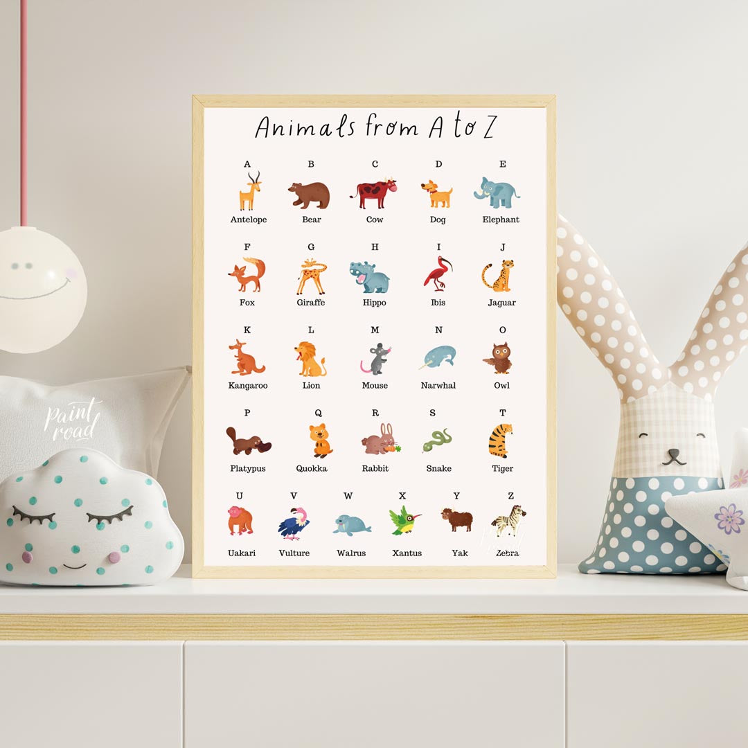 This comprehensive and vibrant educational poster, titled "Animals from A to Z," provides a delight… for nursery