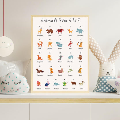 This comprehensive and vibrant educational poster, titled "Animals from A to Z," provides a delight… for nursery