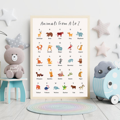 This comprehensive and vibrant educational poster, titled "Animals from A to Z," provides a delight… for nursery