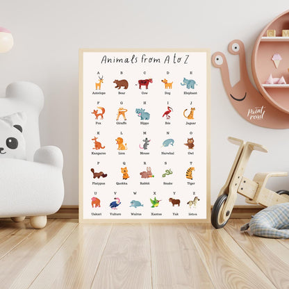 This comprehensive and vibrant educational poster, titled "Animals from A to Z," provides a delight… for nursery
