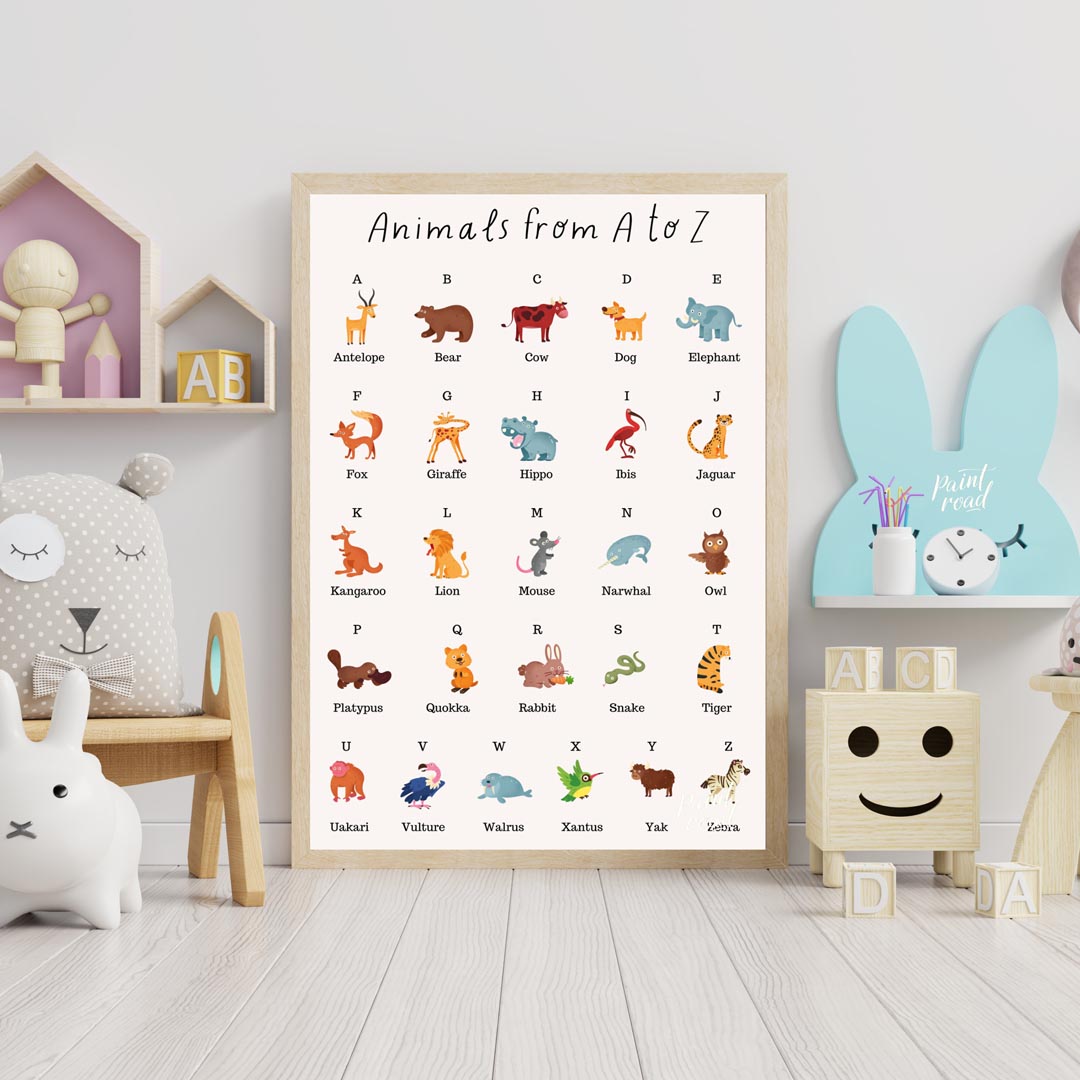 This comprehensive and vibrant educational poster, titled "Animals from A to Z," provides a delight… for nursery