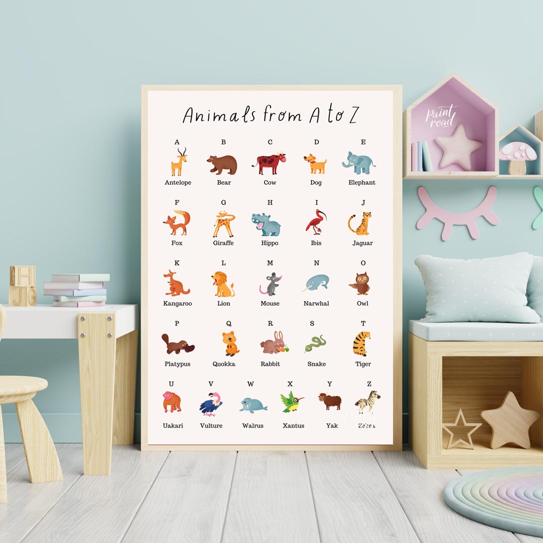 This comprehensive and vibrant educational poster, titled "Animals from A to Z," provides a delight… for nursery