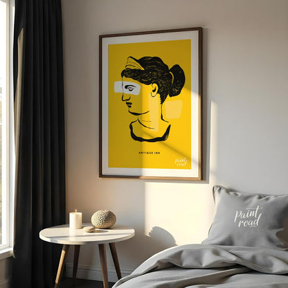 This striking art print presents a compelling fusion of classical antiquity and modern abstract des… for bedroom