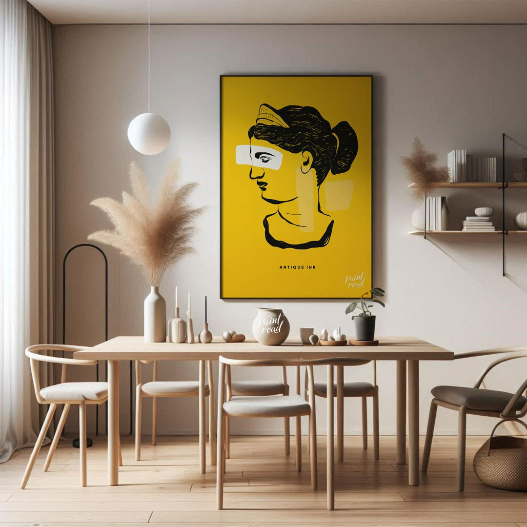 This striking art print presents a compelling fusion of classical antiquity and modern abstract des… for dining room