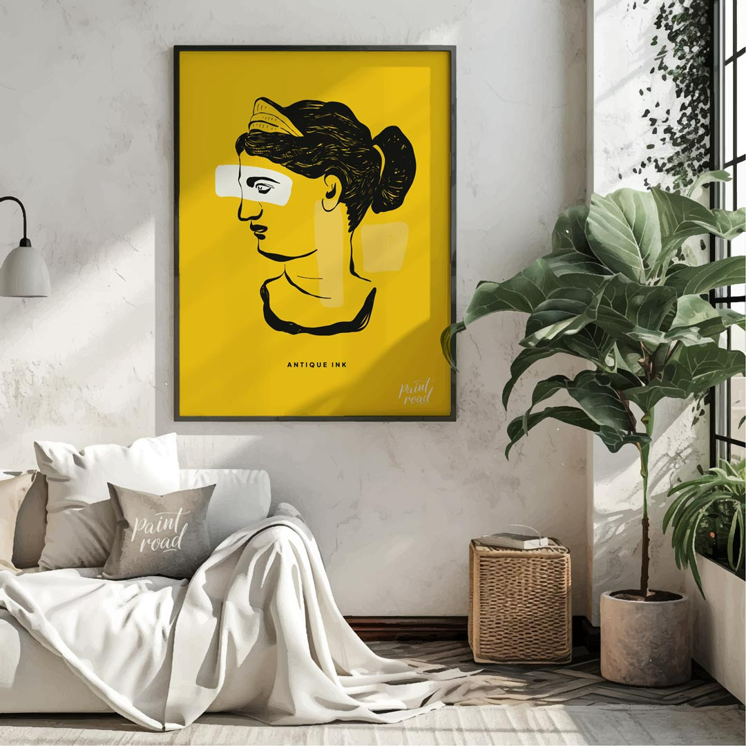 This striking art print presents a compelling fusion of classical antiquity and modern abstract des… for living room