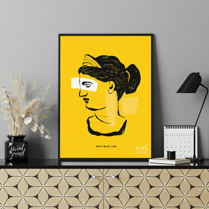 This striking art print presents a compelling fusion of classical antiquity and modern abstract des… for office