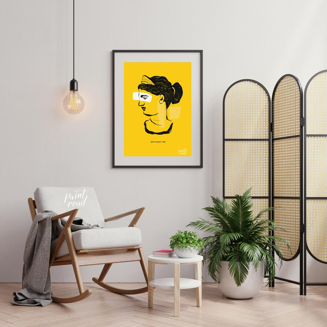 This striking art print presents a compelling fusion of classical antiquity and modern abstract des… for office