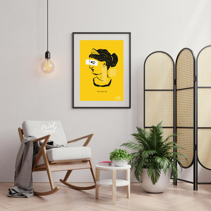 This striking art print presents a compelling fusion of classical antiquity and modern abstract des… for office