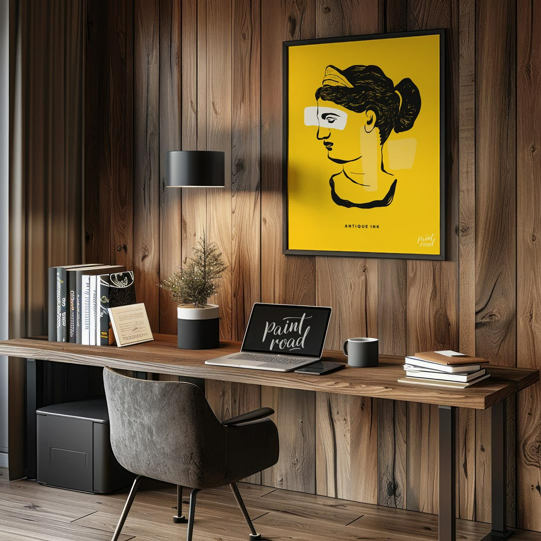 This striking art print presents a compelling fusion of classical antiquity and modern abstract des… for office
