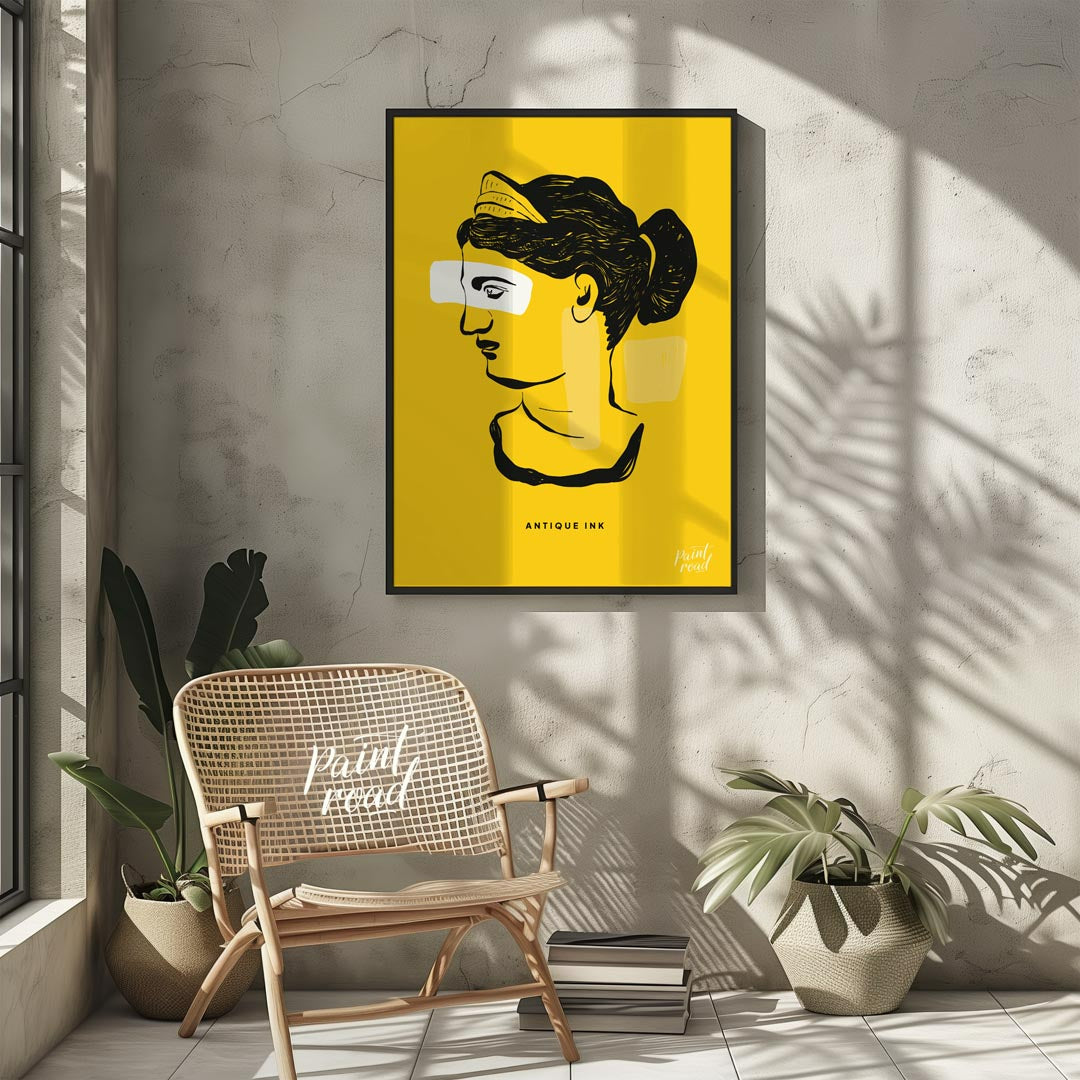 This striking art print presents a compelling fusion of classical antiquity and modern abstract des… for other