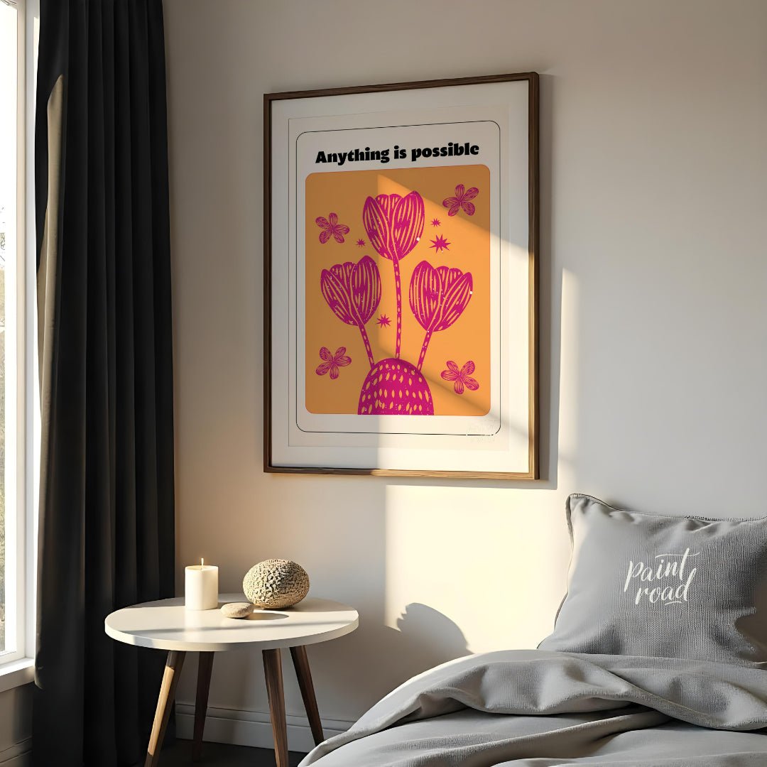 This vibrant artwork combines a motivational message with stylized floral illustrations. The phrase… for bedroom