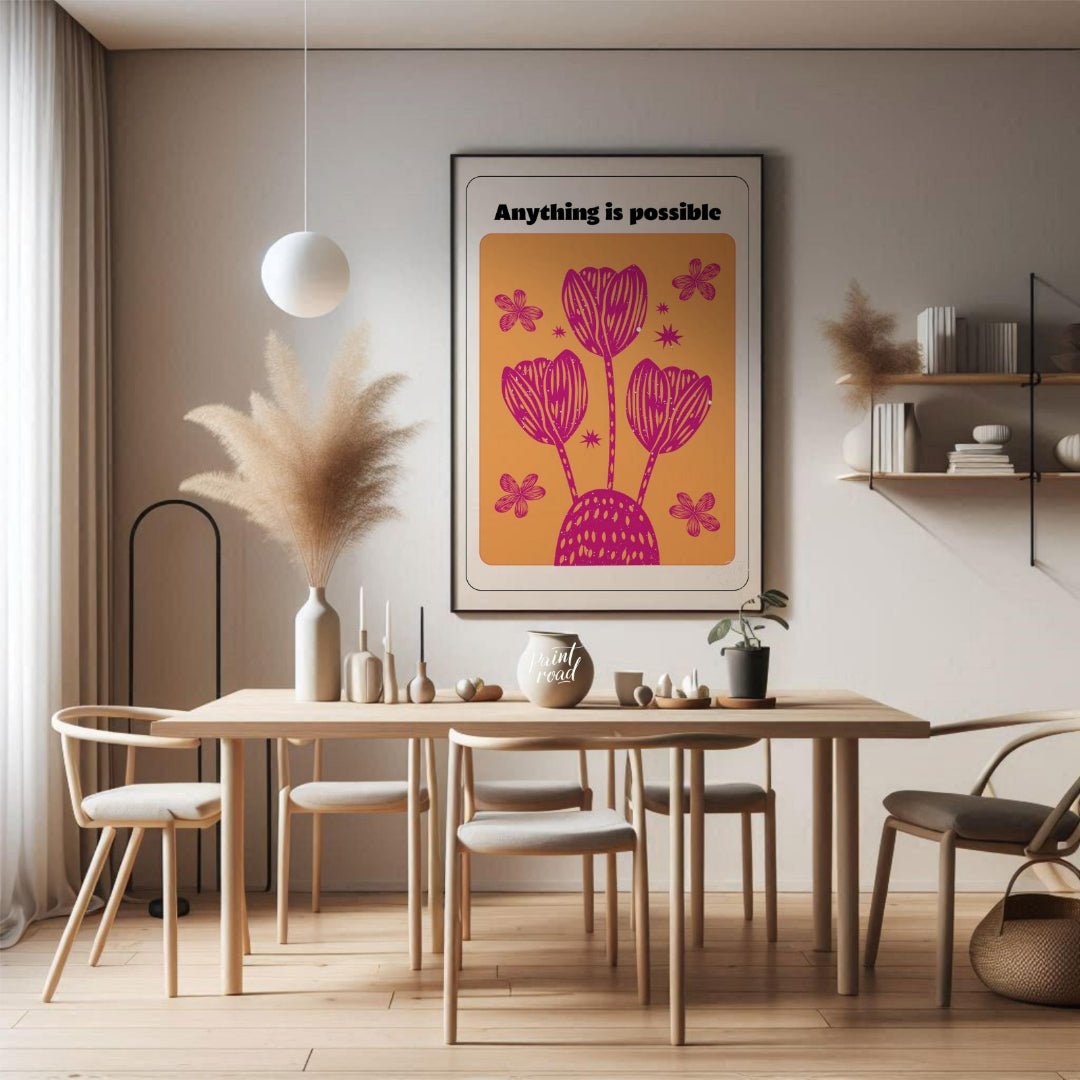 This vibrant artwork combines a motivational message with stylized floral illustrations. The phrase… for dining room