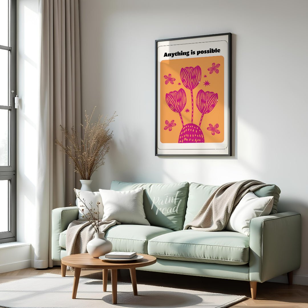 This vibrant artwork combines a motivational message with stylized floral illustrations. The phrase… for living room