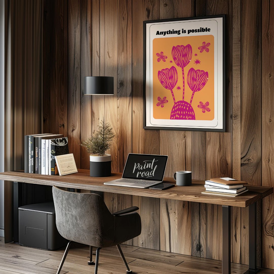 This vibrant artwork combines a motivational message with stylized floral illustrations. The phrase… for office