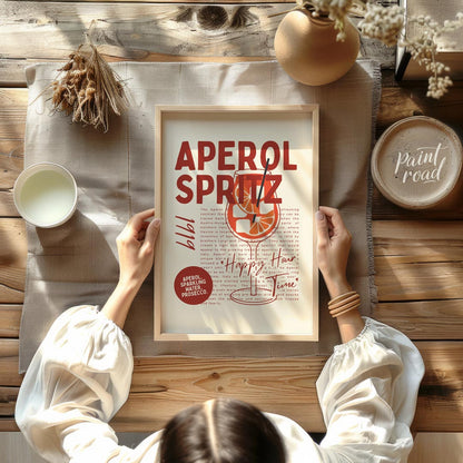 This unique and informative poster celebrates the iconic Aperol Spritz, combining a bold visual wit… for dining room