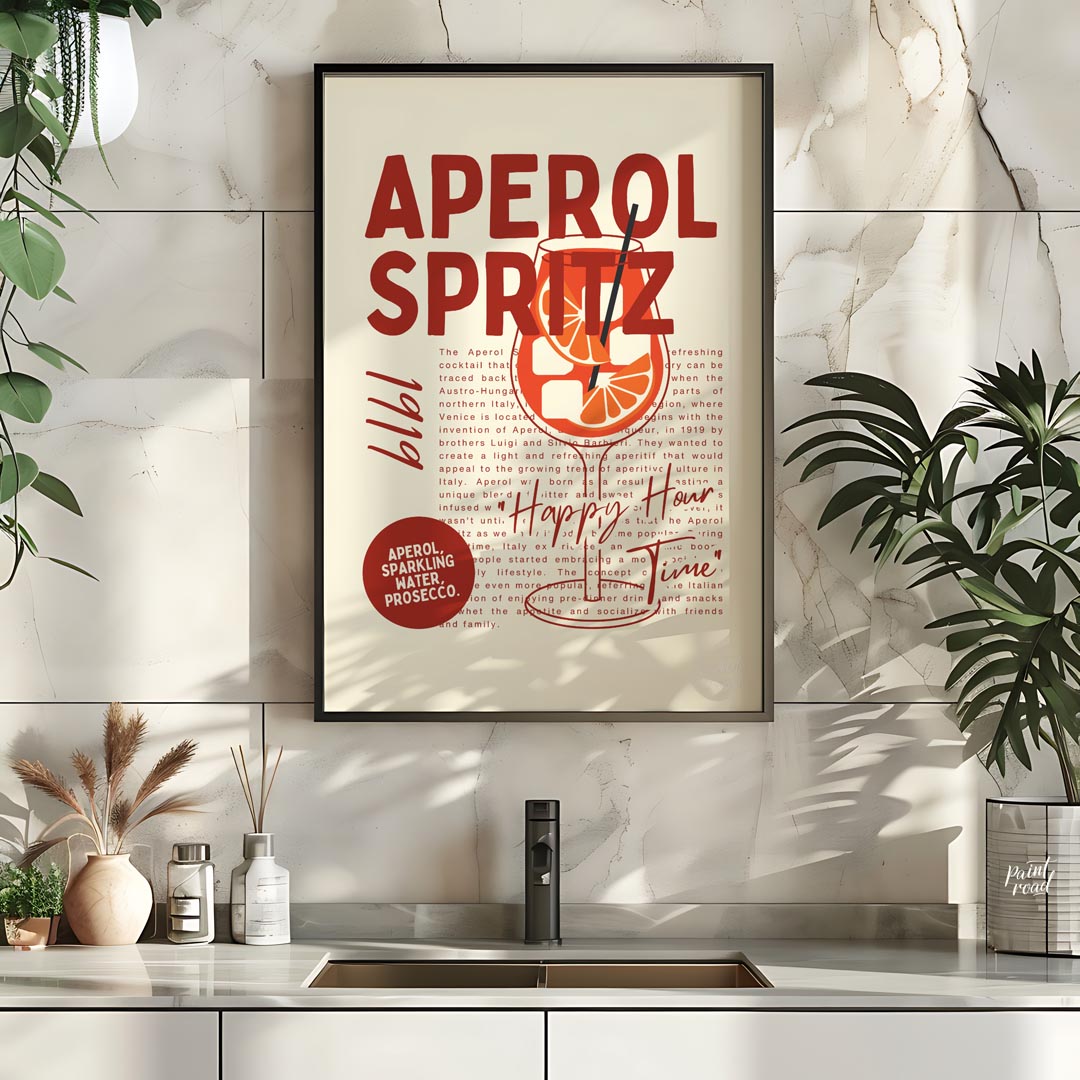 This unique and informative poster celebrates the iconic Aperol Spritz, combining a bold visual wit… for kitchen