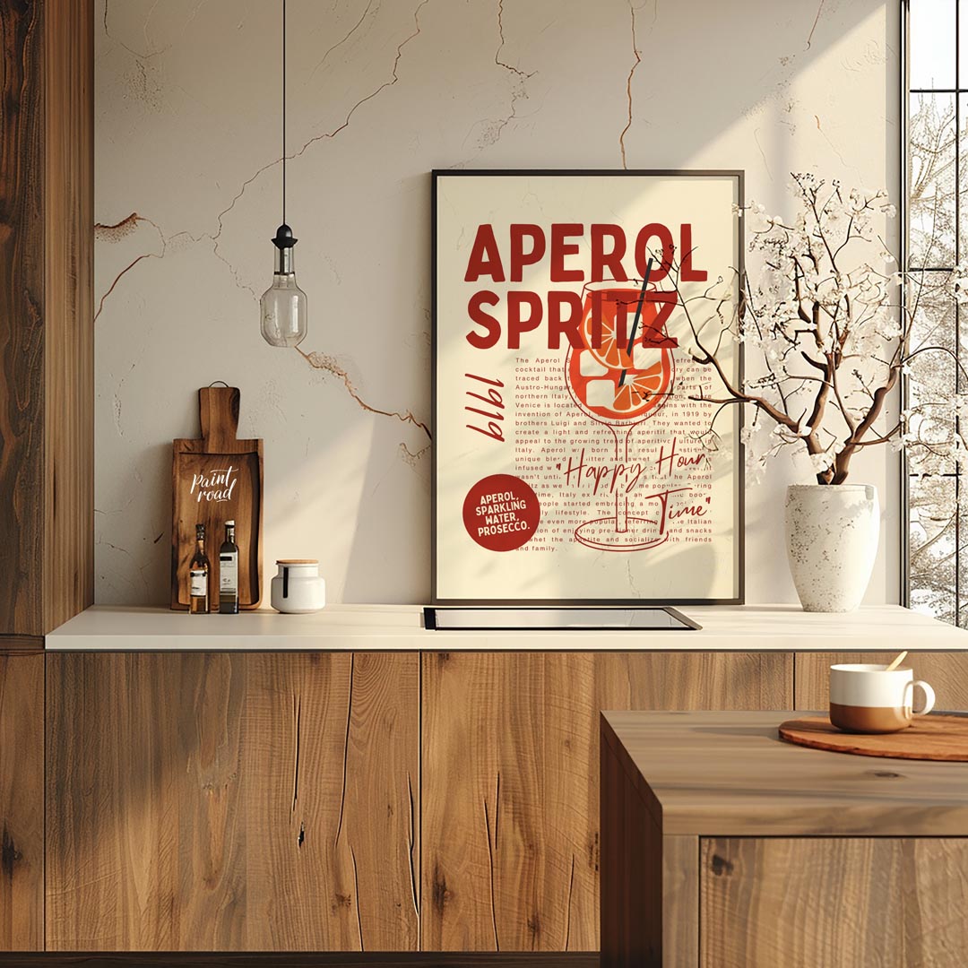 This unique and informative poster celebrates the iconic Aperol Spritz, combining a bold visual wit… for kitchen