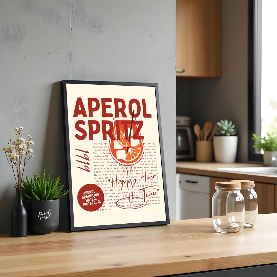 This unique and informative poster celebrates the iconic Aperol Spritz, combining a bold visual wit… for kitchen