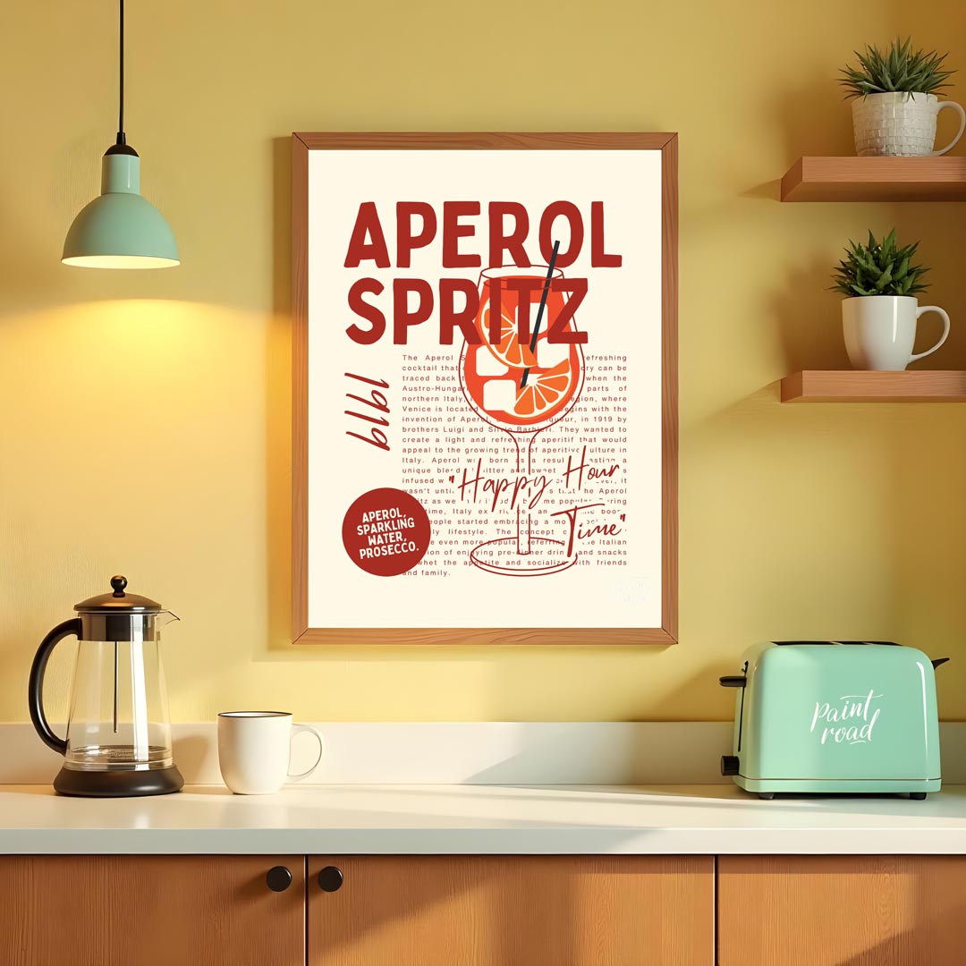 This unique and informative poster celebrates the iconic Aperol Spritz, combining a bold visual wit… for kitchen