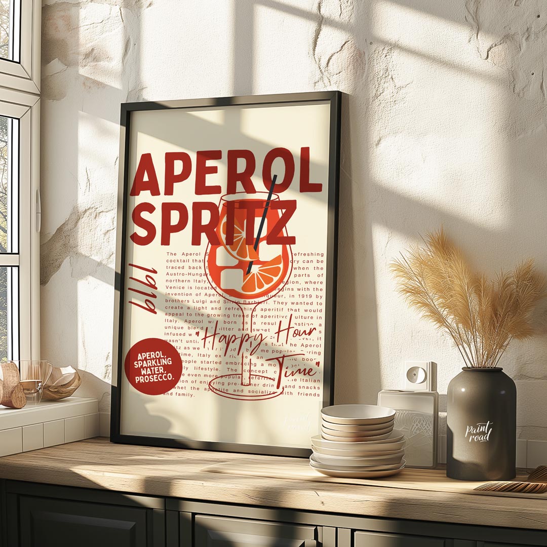 This unique and informative poster celebrates the iconic Aperol Spritz, combining a bold visual wit… for kitchen