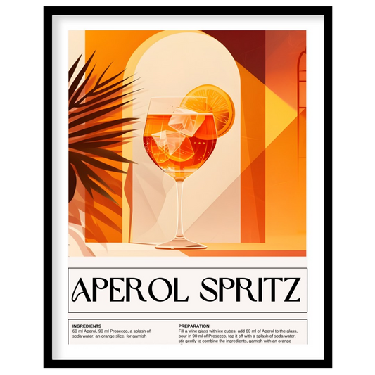 This striking and contemporary poster features a bold graphic illustration of an Aperol Spritz, cap… for house