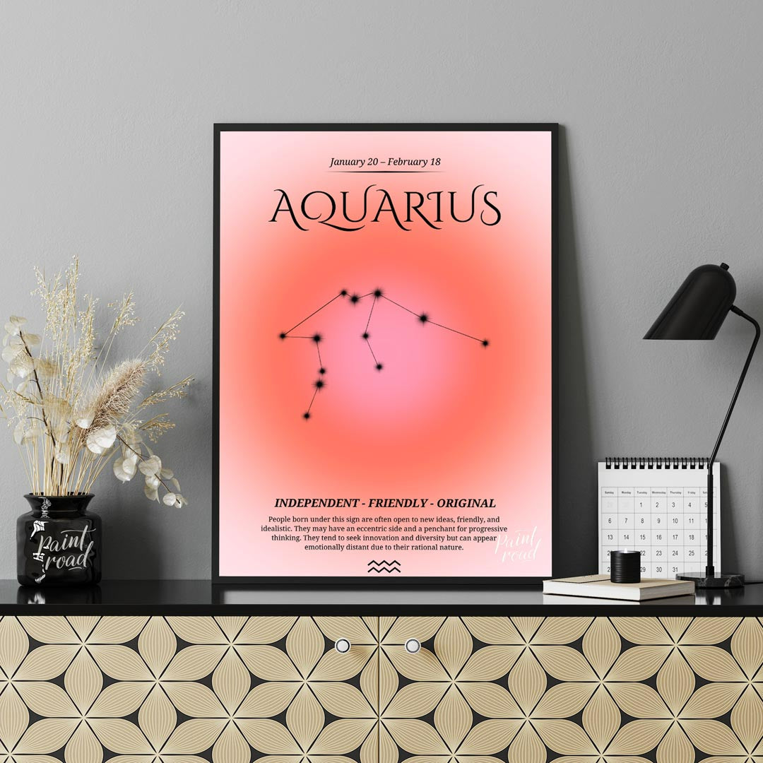 This Aquarius zodiac sign poster celebrates individuals born between January 20 and February 18, fe… for office