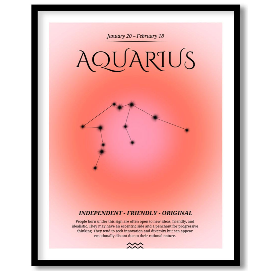 This Aquarius zodiac sign poster celebrates individuals born between January 20 and February 18, fe… for room