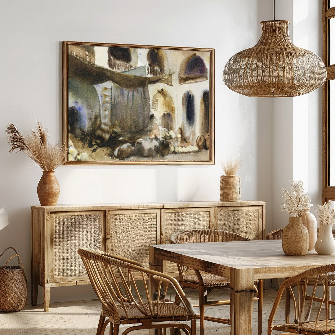 Immerse yourself in the bustling atmosphere of an Arabian market with this evocative watercolor for Dining