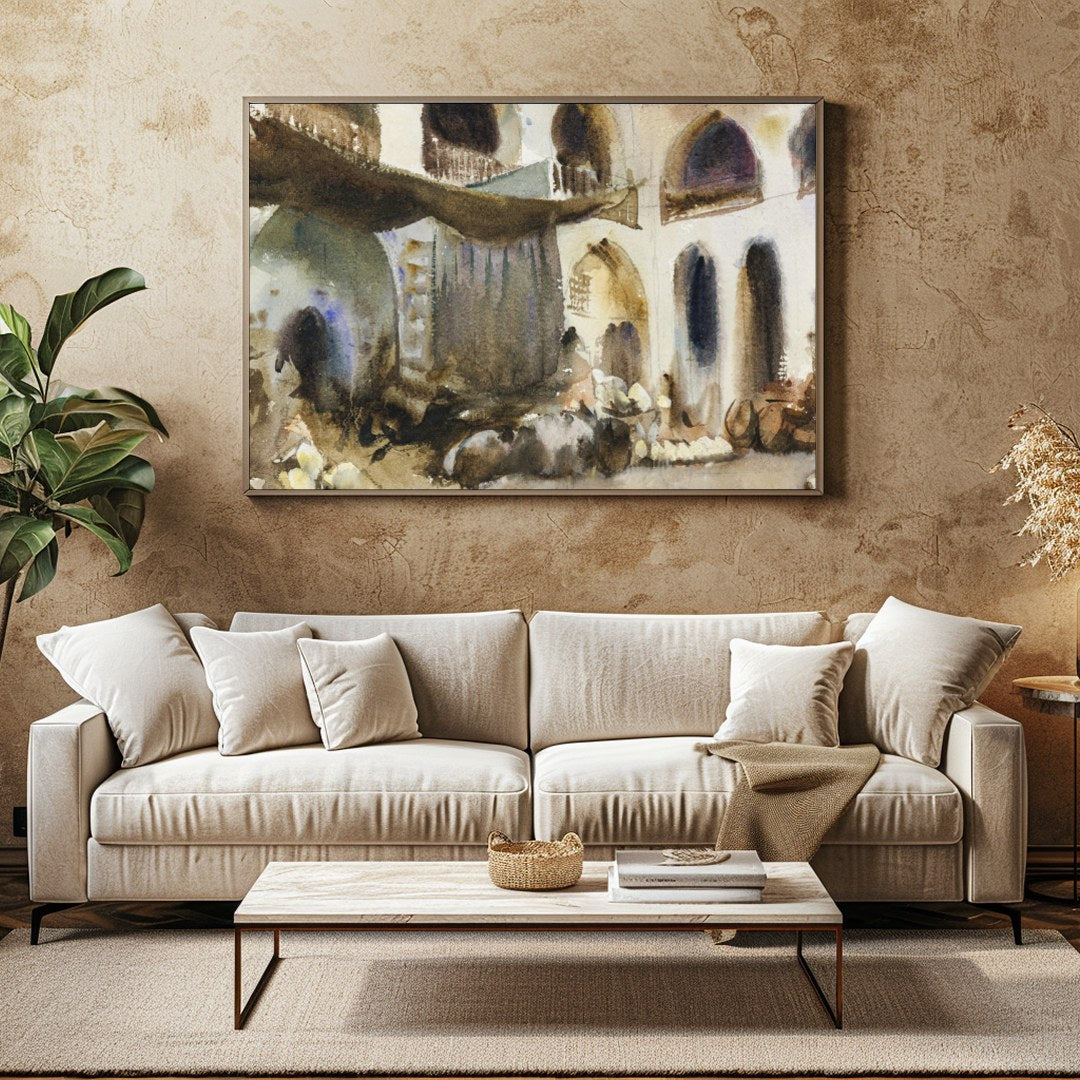 Immerse yourself in the bustling atmosphere of an Arabian market with this evocative watercolor for Family Room