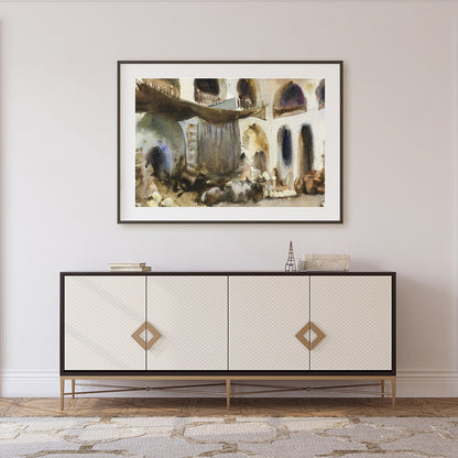Immerse yourself in the bustling atmosphere of an Arabian market with this evocative watercolor for Foyer