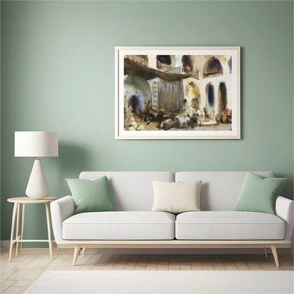 Immerse yourself in the bustling atmosphere of an Arabian market with this evocative watercolor for Hall