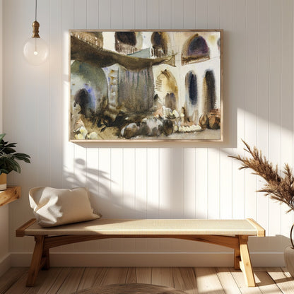 Immerse yourself in the bustling atmosphere of an Arabian market with this evocative watercolor for Hallway