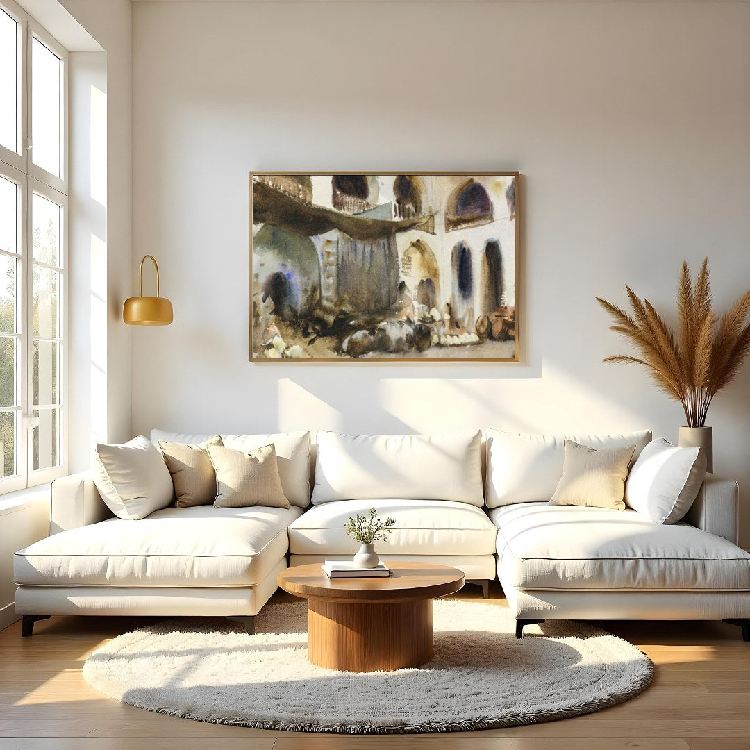 Immerse yourself in the bustling atmosphere of an Arabian market with this evocative watercolor for Living Room