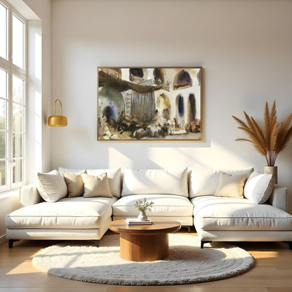 Immerse yourself in the bustling atmosphere of an Arabian market with this evocative watercolor for Living Room