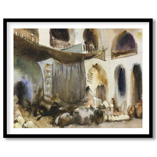 Immerse yourself in the bustling atmosphere of an Arabian market with this evocative watercolor for residence