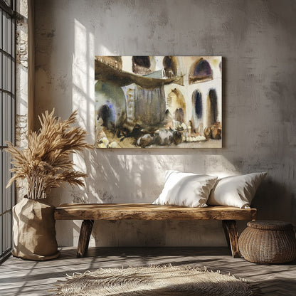 Immerse yourself in the bustling atmosphere of an Arabian market with this evocative watercolor for Veranda
