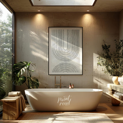 """Arc Harmony"" presents a minimalist design featuring a series of concentric arches in black line… for bathroom