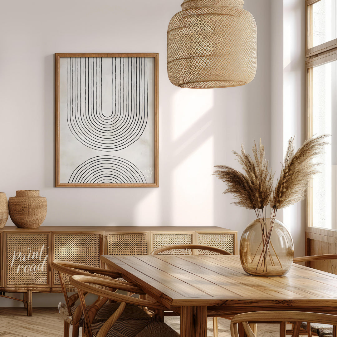 """Arc Harmony"" presents a minimalist design featuring a series of concentric arches in black line… for dining room