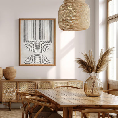 """Arc Harmony"" presents a minimalist design featuring a series of concentric arches in black line… for dining room