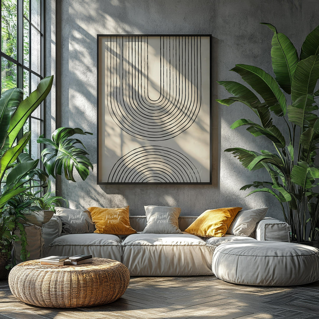"""Arc Harmony"" presents a minimalist design featuring a series of concentric arches in black line… for living room
