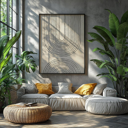 """Arc Harmony"" presents a minimalist design featuring a series of concentric arches in black line… for living room