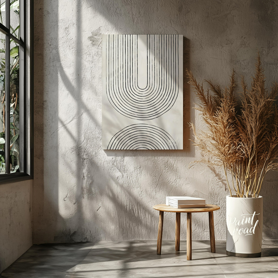"""Arc Harmony"" presents a minimalist design featuring a series of concentric arches in black line… for living room