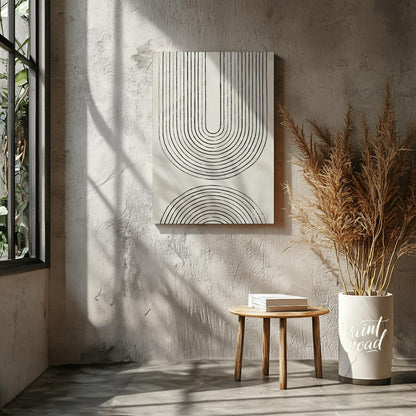 """Arc Harmony"" presents a minimalist design featuring a series of concentric arches in black line… for living room