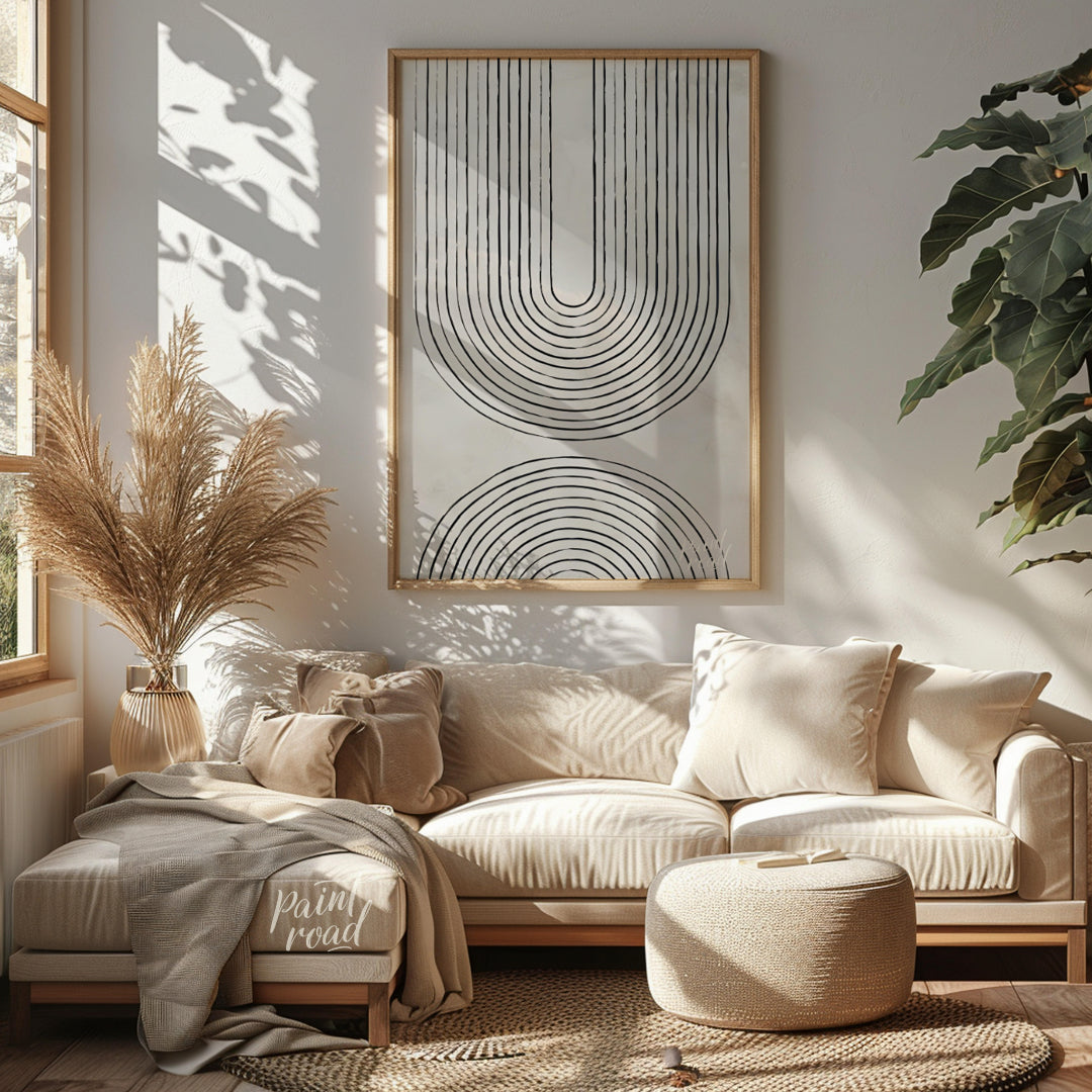 """Arc Harmony"" presents a minimalist design featuring a series of concentric arches in black line… for living room