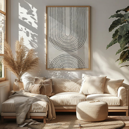 """Arc Harmony"" presents a minimalist design featuring a series of concentric arches in black line… for living room