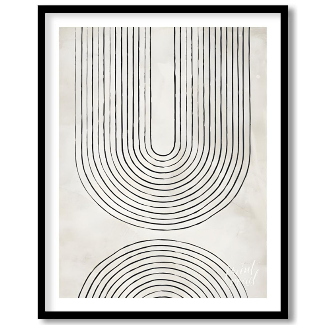 """Arc Harmony"" presents a minimalist design featuring a series of concentric arches in black line… for room