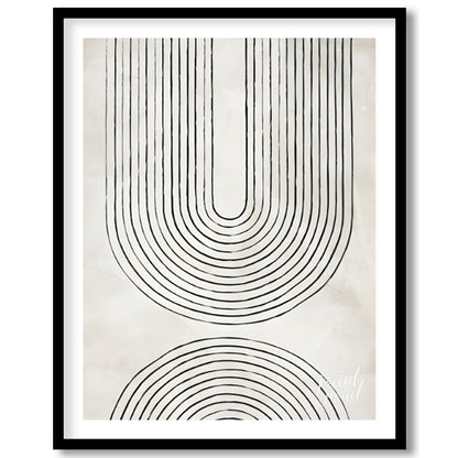 """Arc Harmony"" presents a minimalist design featuring a series of concentric arches in black line… for room