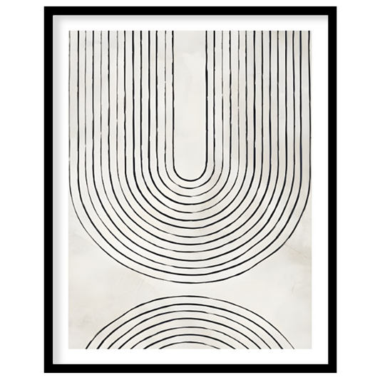 """Arc Harmony"" presents a minimalist design featuring a series of concentric arches in black line… for room
